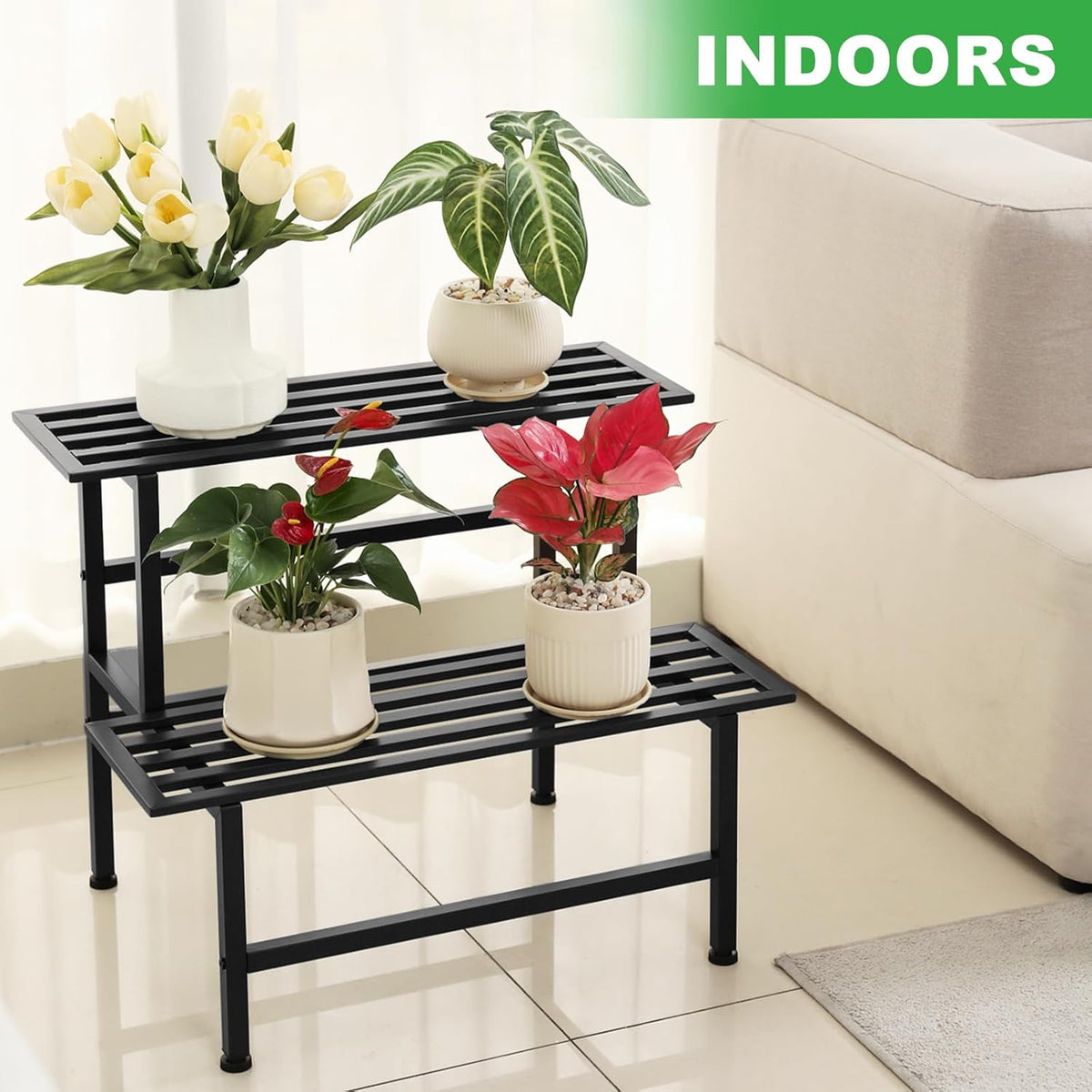 Metal Plant Stand Outdoor Plant Shelf Indoor,2 Tier Heavy Duty Ladder Plant Stands for Multiple