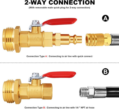 RV Winterize/Winterization Blowout Adapter - Brass with Ball Valve, 1/4" Male Quick Connect to 3/4"