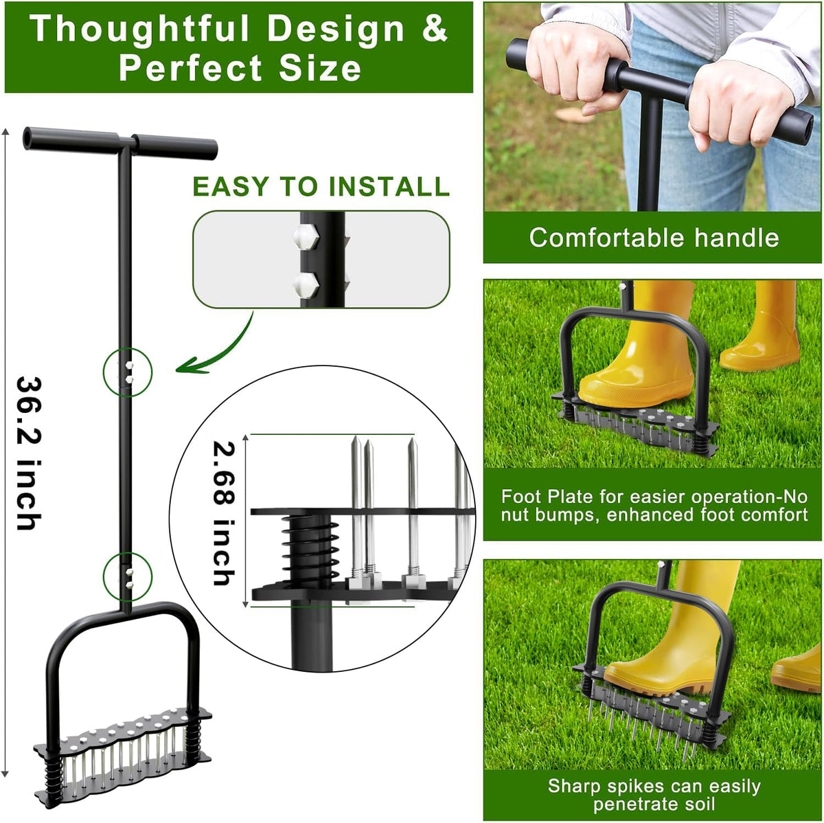Lawn Aerator -Aerator Lawn Tool with 14 Iron Spikes, Automatic Dirt and Leaf Clean with