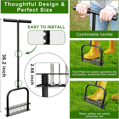Lawn Aerator -Aerator Lawn Tool with 14 Iron Spikes, Automatic Dirt and Leaf Clean with