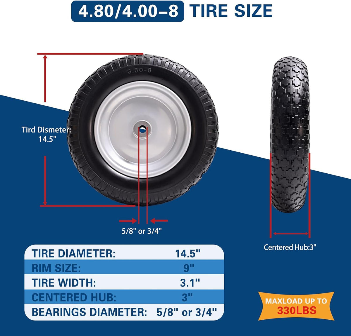 4.80/4.00-8 Tire, 14.5" Flat Free Wheelbarrow Tire and Wheel, 5/8" 3/4" Bearings Solid Replacement