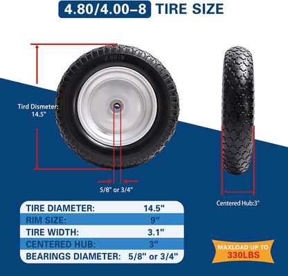4.80/4.00-8 Tire, 14.5" Flat Free Wheelbarrow Tire and Wheel, 5/8" 3/4" Bearings Solid Replacement