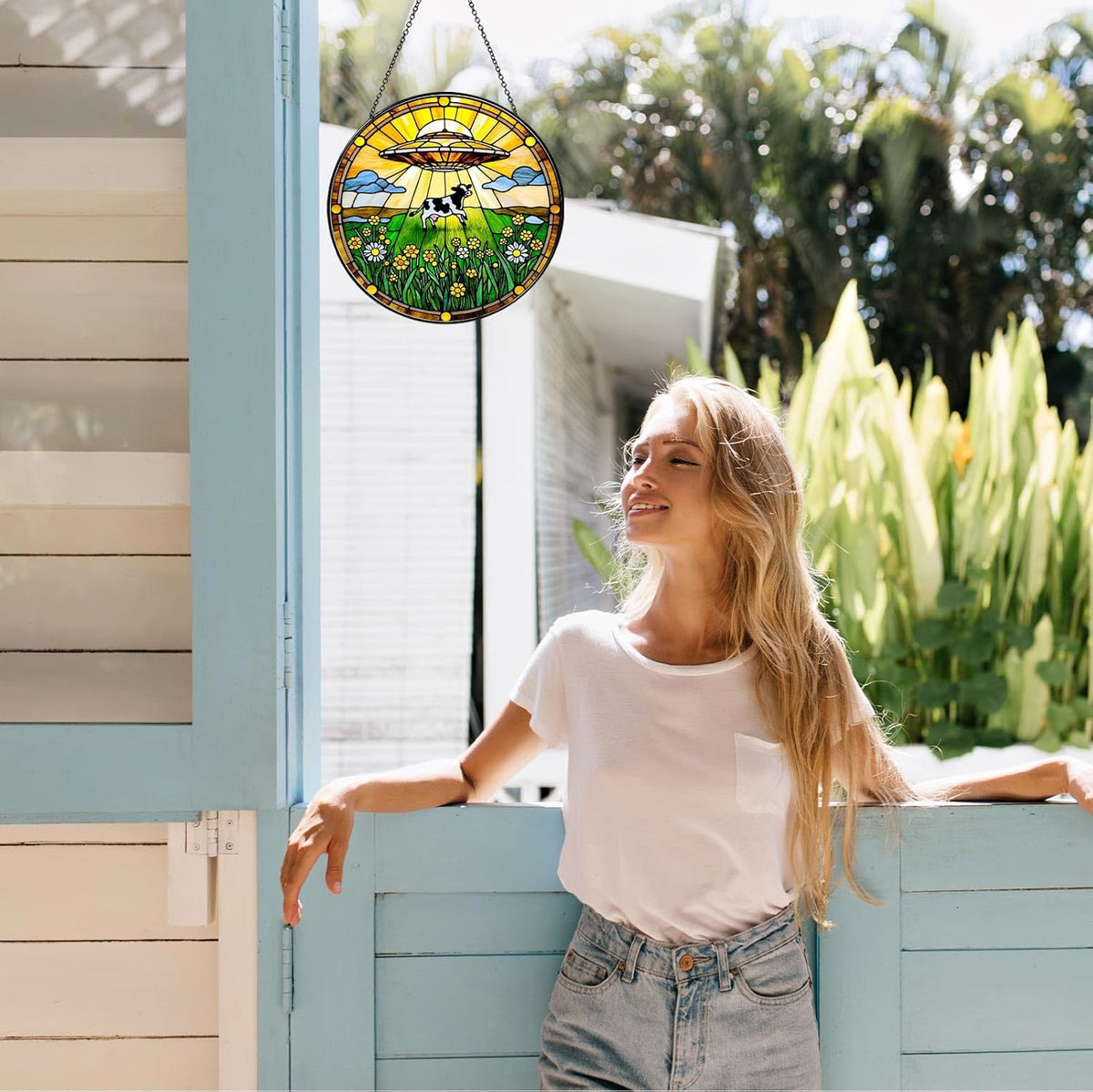 Cow Wildflowers Stained Glass Window Hanging UFO Abduction Sun Catcher Funny Gifts for Women Room