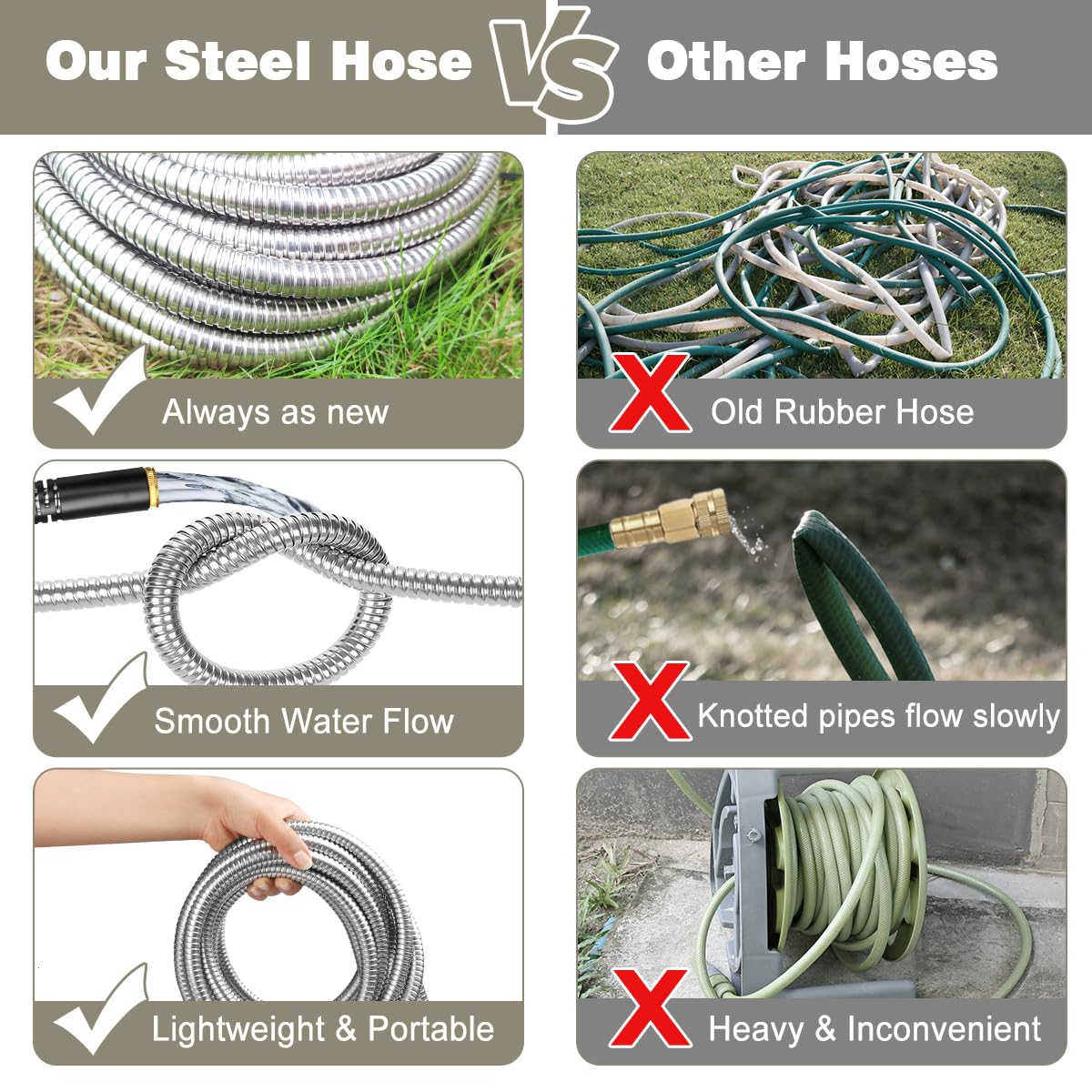 Omont Metal Garden Hose 50FT, Heavy Duty 304 Stainless Steel Water Hoses with Nozzle, Flexible