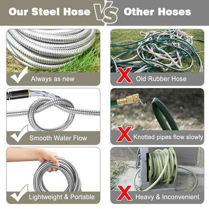 Omont Metal Garden Hose 50FT, Heavy Duty 304 Stainless Steel Water Hoses with Nozzle, Flexible