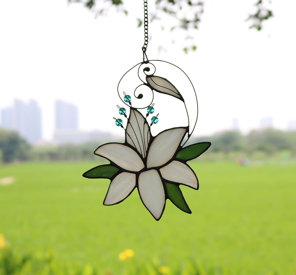 Women Birthday White Lily Flower Gift for Her, Floral Gift Stained Glass Window Hangings Suncatcher