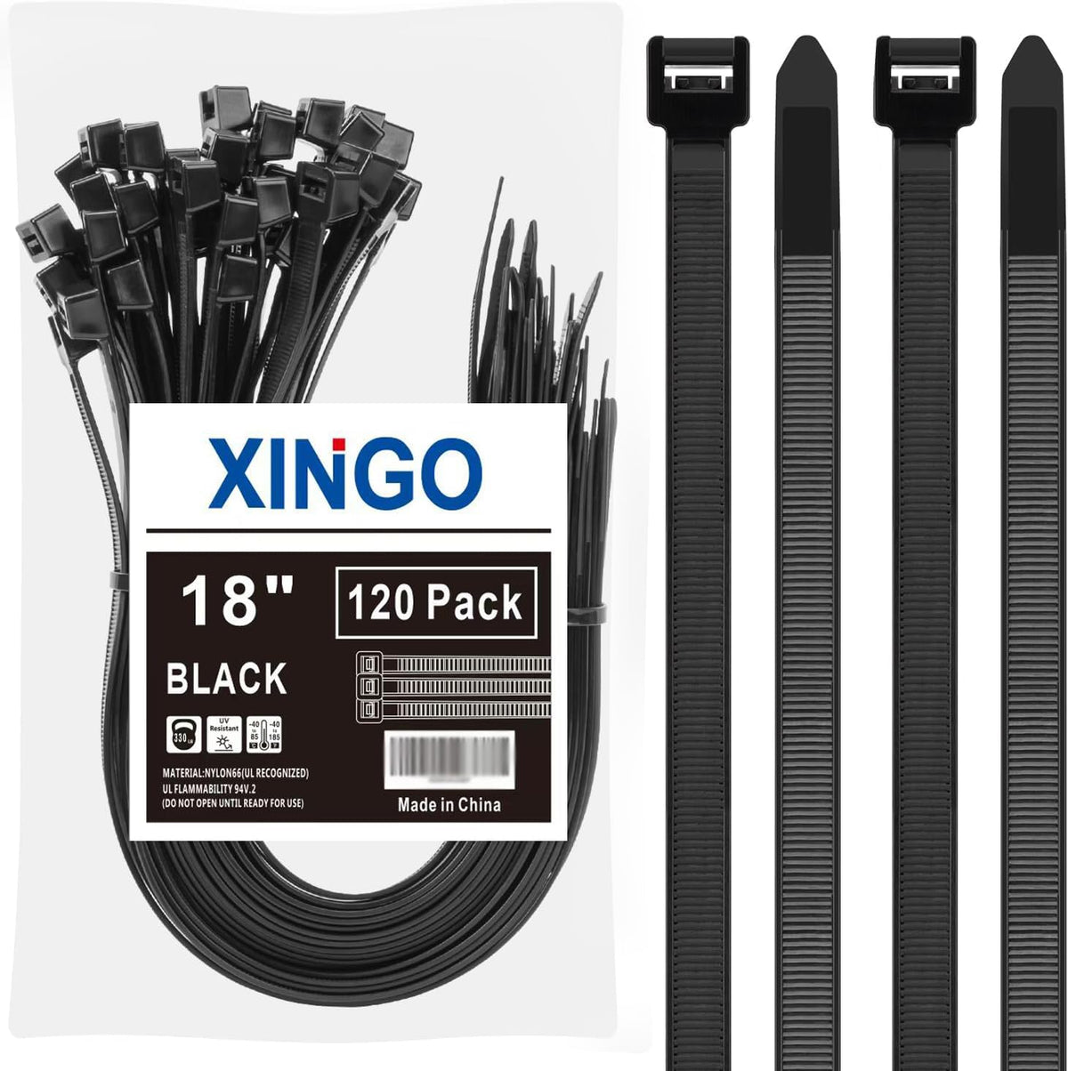 XINGO 120 PCS 18 Inch Black Large Zip Ties Heavy Duty, 330 LBS Ultra Exclusive Strong Plastic Wire