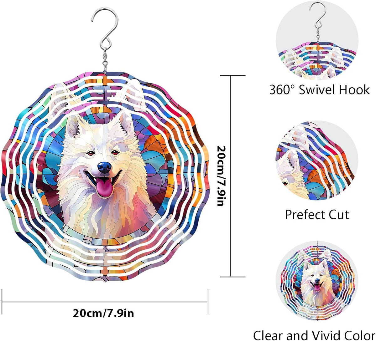 Samoyed Wind Spinner Pet Dog Memorial Gifts 3D Aluminum Metal Kinetic Hanging Wind Sculpture