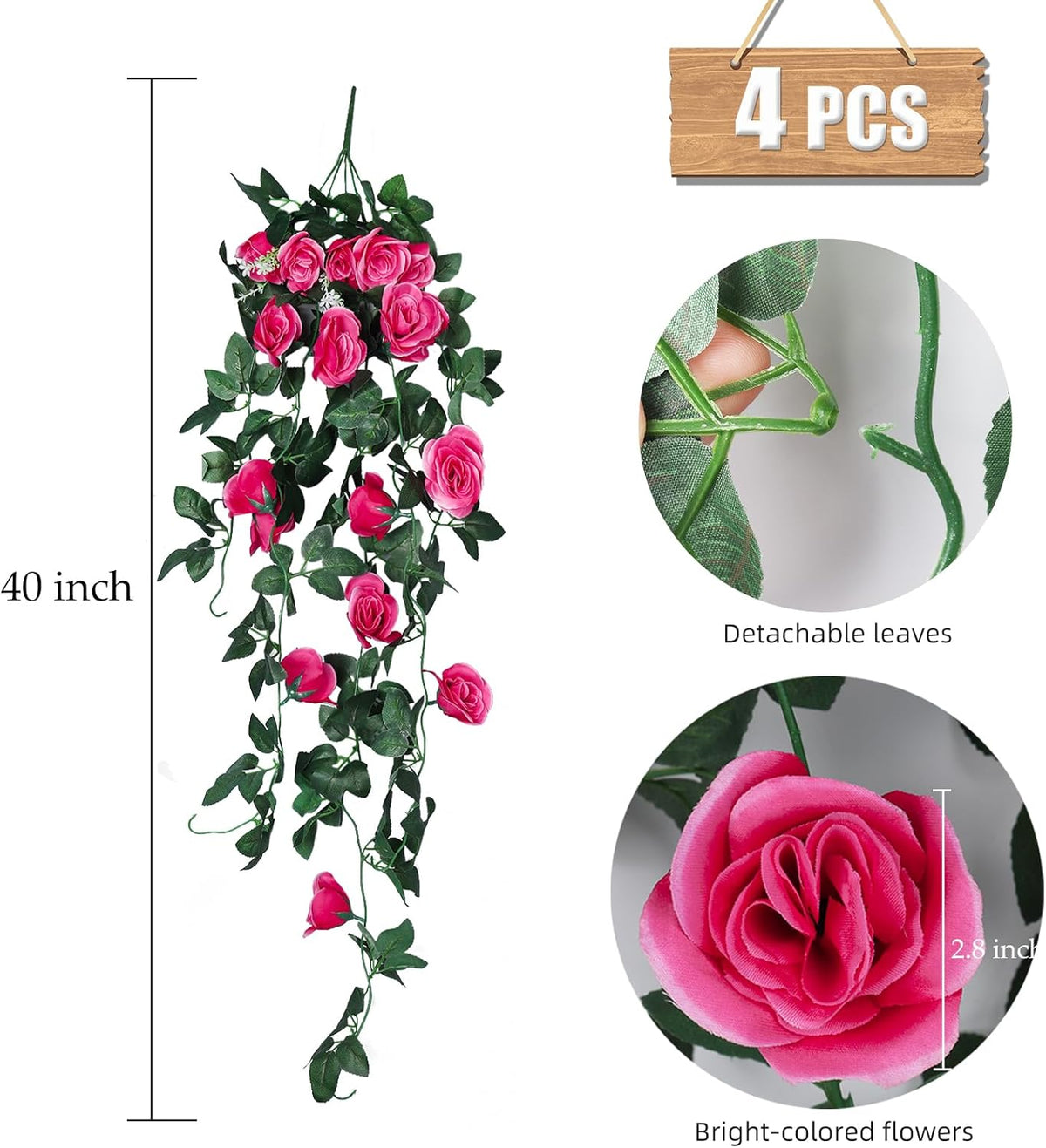 RECUTMS 4 Pack Artificial Plants Fake Hanging Flowers Faux Ivy Vines with LED Fairy Lights Plastic