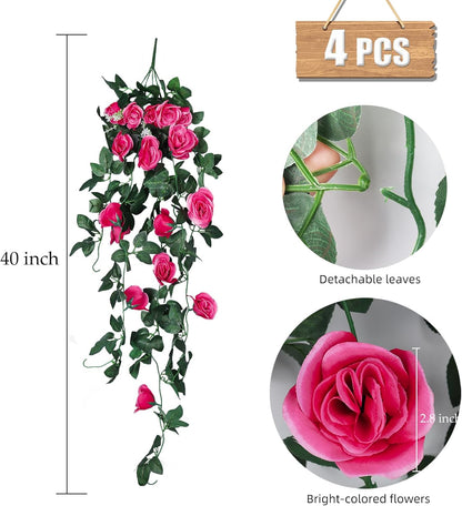 RECUTMS 4 Pack Artificial Plants Fake Hanging Flowers Faux Ivy Vines with LED Fairy Lights Plastic