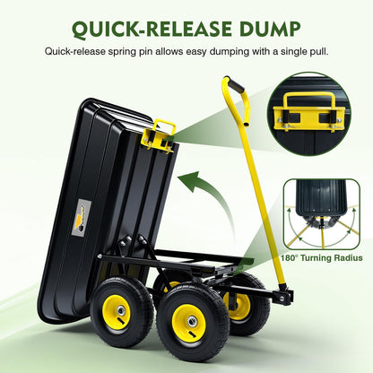 Garden Dump Cart, Heavy-Duty Utility Wagon with 600 lb Capacity, 4 Cu Ft Bed, 10" Pneumatic Tires