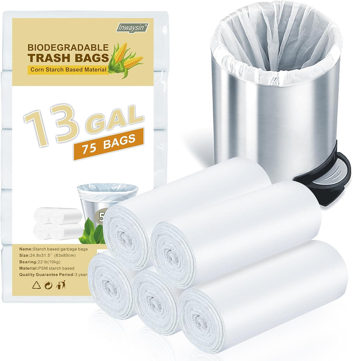 Trash Bags 13+ Gallon Tall-Kitchen - Inwaysin 75 Counts Compostable Garbage Bag Unscented Clear