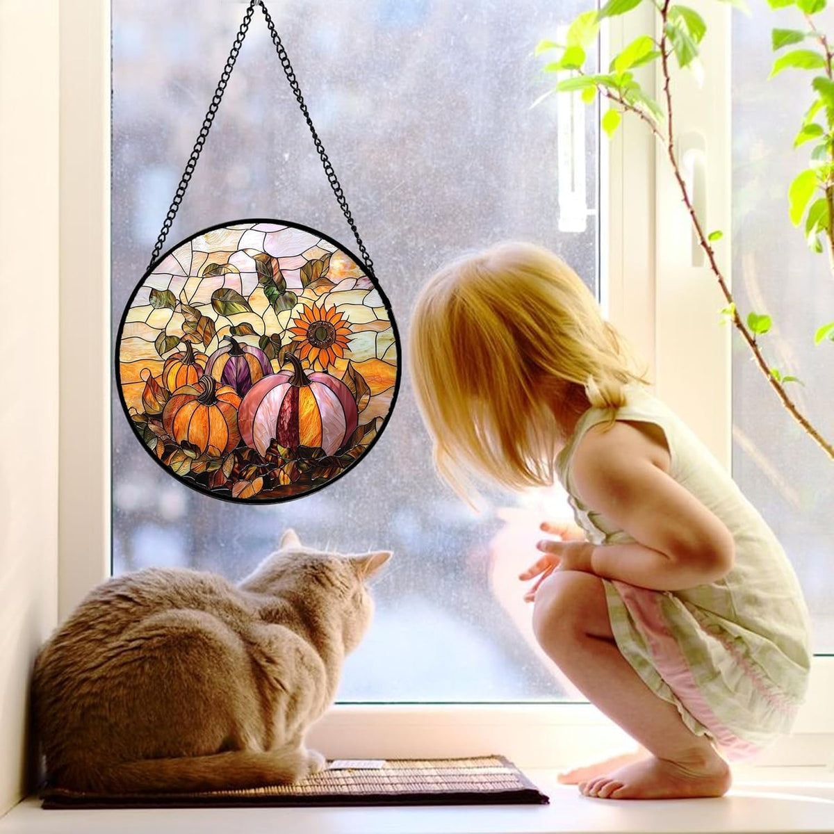 Stained Glass Window Hanging, Pumpkin Sunflower Suncatcher Diamond Glass Panel Sun Catchers Decor