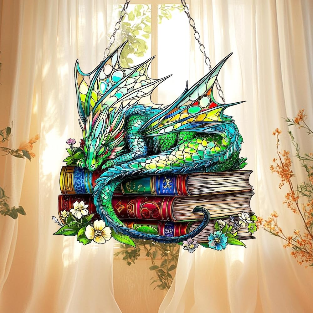 Dragon Books Bookish Acrylic Suncatcher Stained Glass Effect Window Car Hanging Christmas Ornament