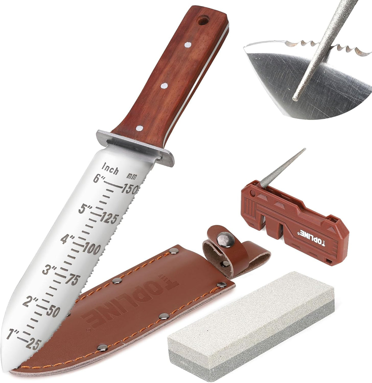 Topline Hori Hori Garden Knife, Double-edge Stainless Steel Blade, Garden Knife with Leather Sheath