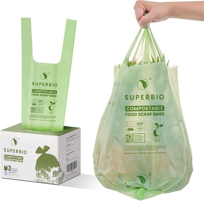 SUPERBIO 3 Gallon Compostable Food Waste Bags, 80 Count, Food Scrap Bags with Handles, ASTM D6400