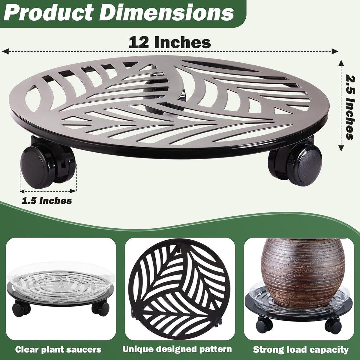 5 Packs Large Metal Plant Caddy with PU Wheels 12" Heavy-Duty Wrought Iron Rolling Plant Stands