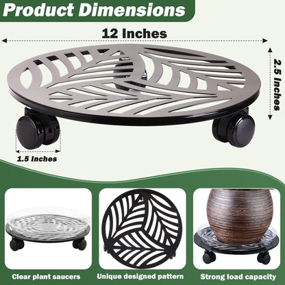 5 Packs Large Metal Plant Caddy with PU Wheels 12" Heavy-Duty Wrought Iron Rolling Plant Stands