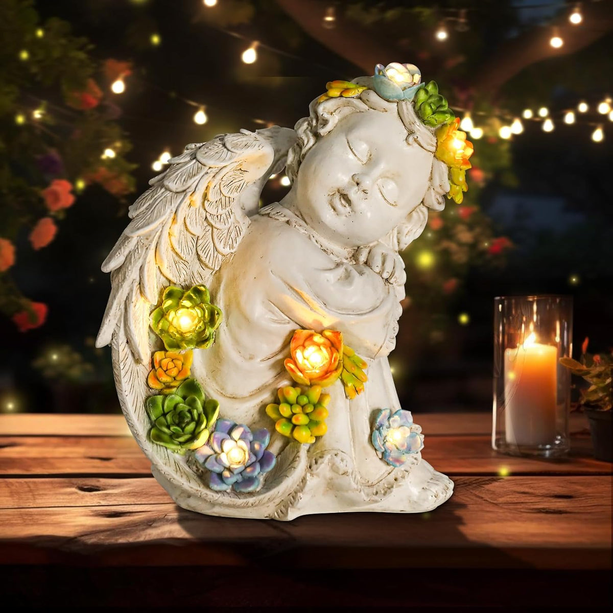 Solar Cherub Angel Outdoor Garden Decor Statues - 8 inches Angel Figurines Outdoor Sculptures with