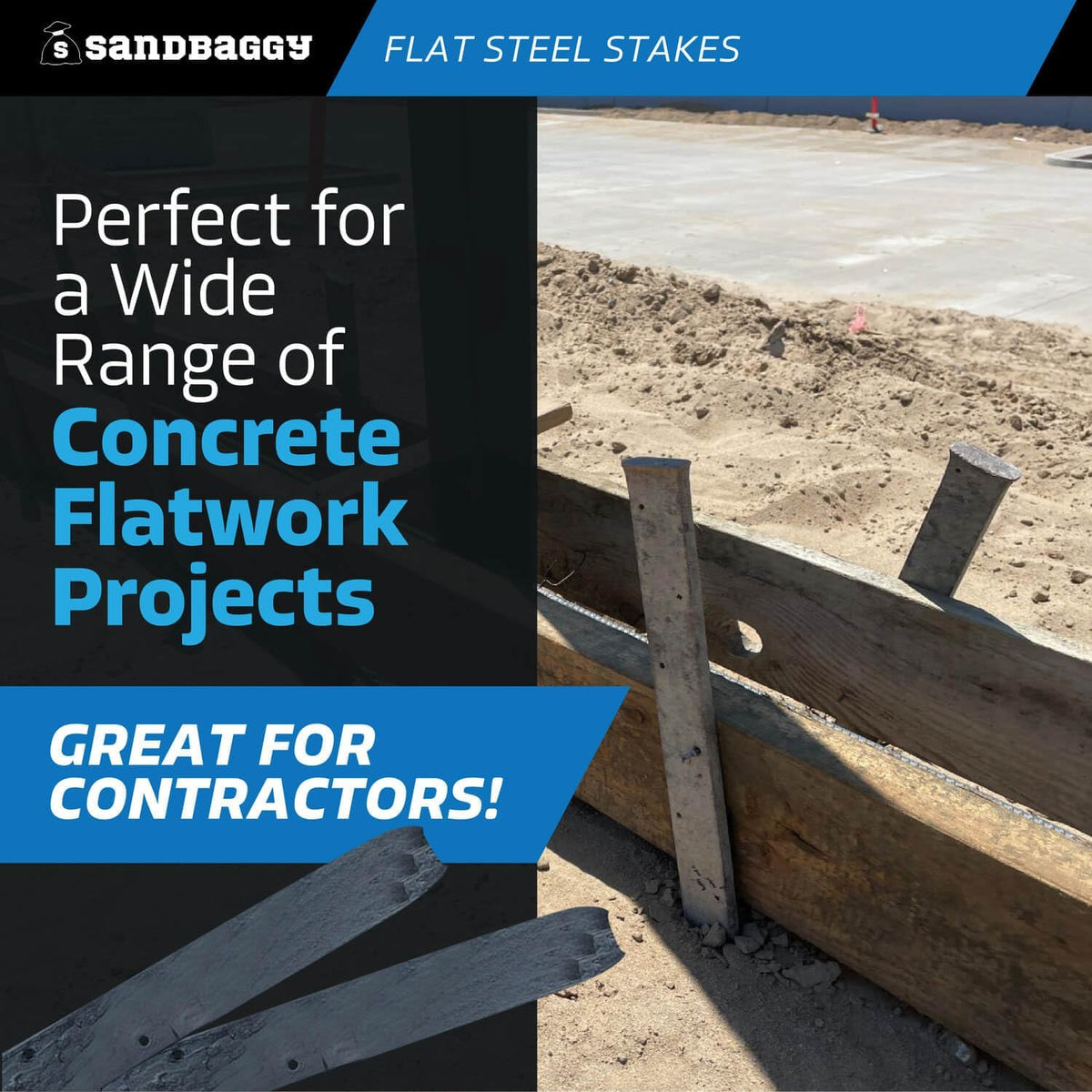 Sandbaggy Flat Steel Stakes for Concrete Forms with Nail Holes - 1.5" Wide - Painted - Removable