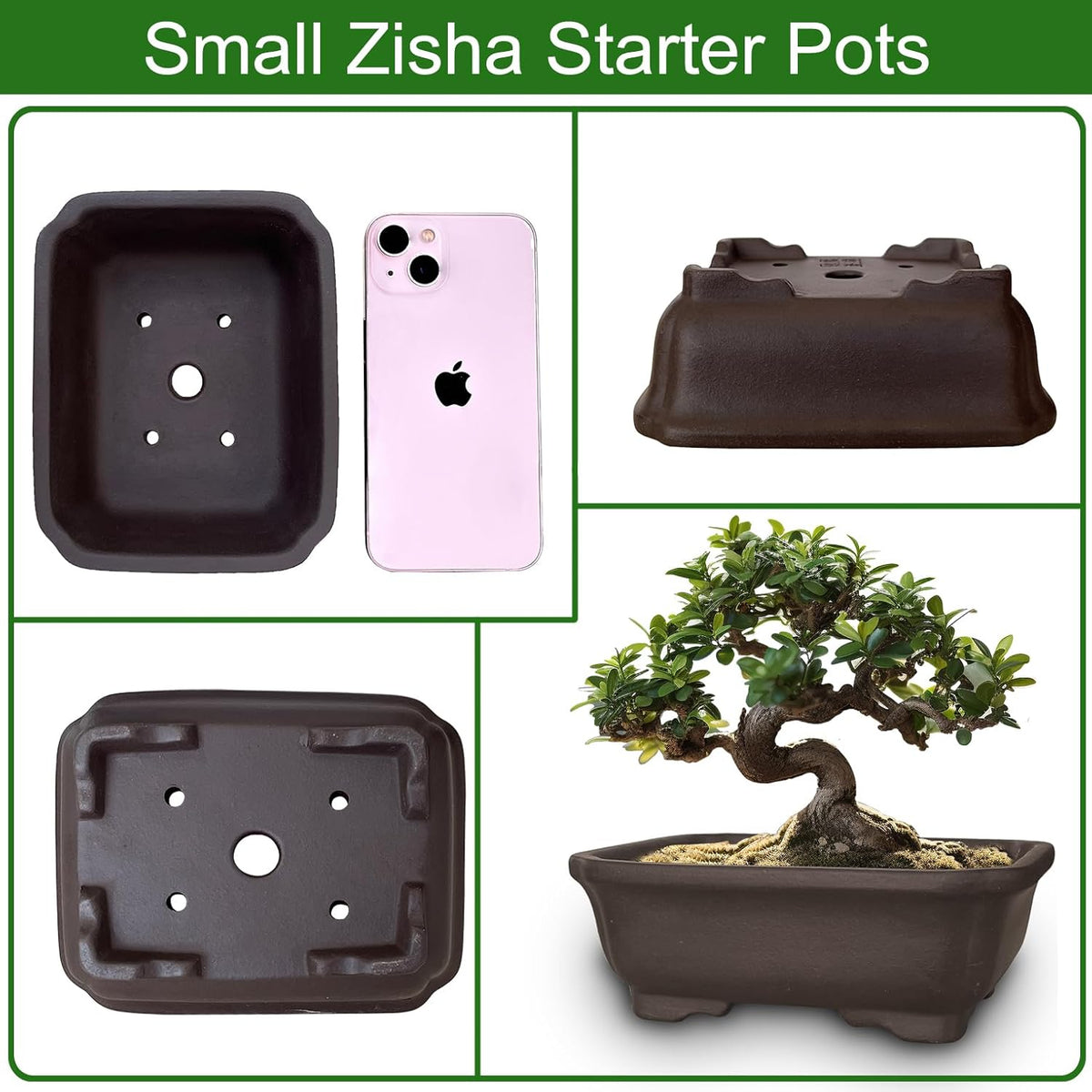 MUZHI 2PACK Unglazed 6” Ceramic Bonsai Pot with Humidity Trays, Breathable Handmade Rectangle