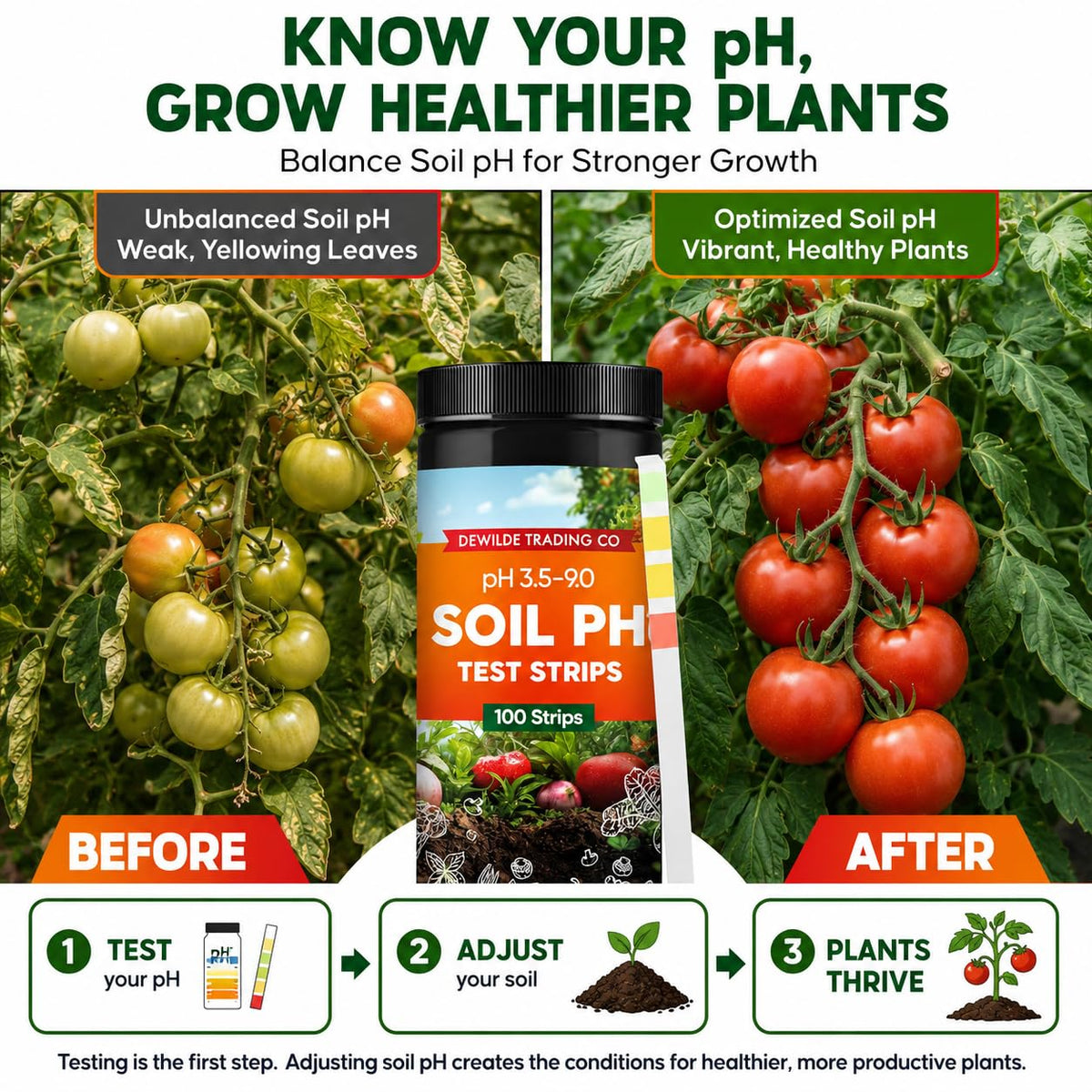 Soil Test Kit – 100 Soil pH Test Strips (3.5–9 Range) for Garden, Lawn & Indoor Plants – Easy