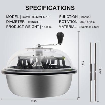 MELONFARM 19 in Bud Leaf Bowl Trimmer, Bud Bowl Trimmer with Switchable Stainless Steel Blades &