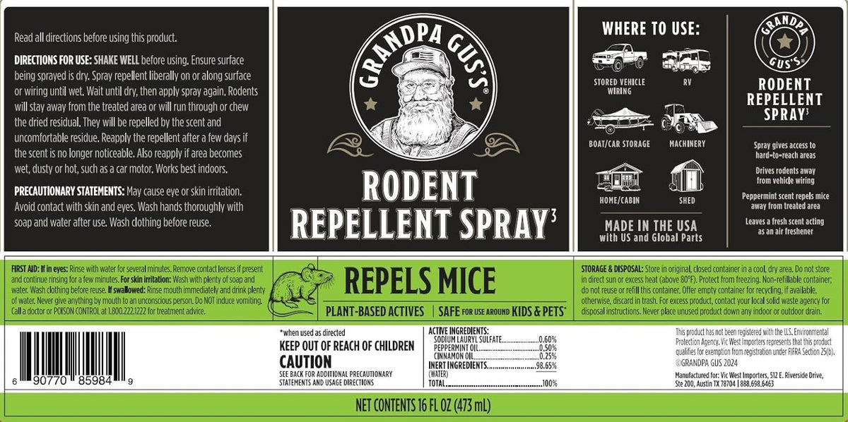 Grandpa Gus's Rodent Repellent Spray, Peppermint & Cinnamon Oil, Prevents Mouse/Rats from Nesting &