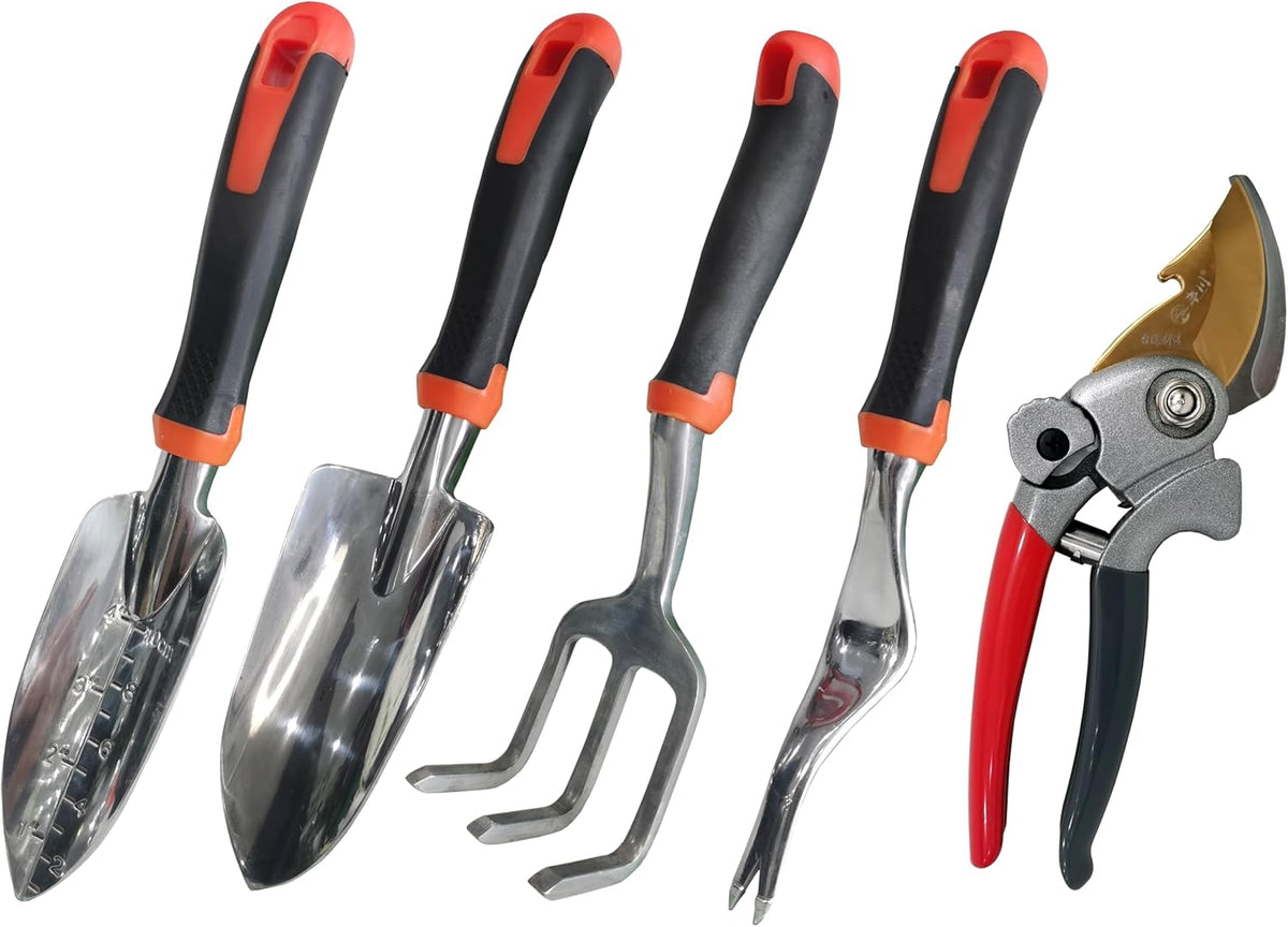Garden Tools Set, 5 Piece Aluminum Hand Tool Kit with Ergonomic Handle, Heavy Duty Gardening Tools