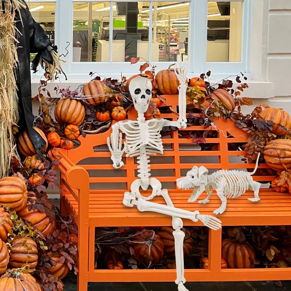 YUJUN 36'' Halloween Skeleton Decoration with Dog Skeleton, 3ft Full Body Posable Skeleton