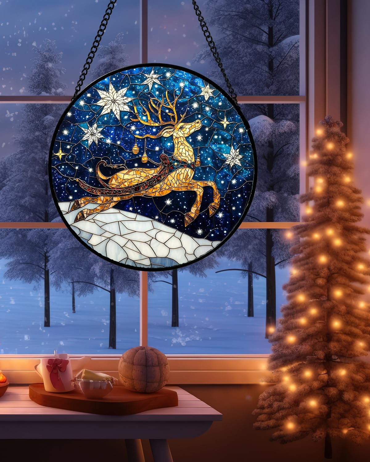 Stained Glass Window Hanging - Reindeer Blue Starry Sky Suncatcher for Doors Home Christmas