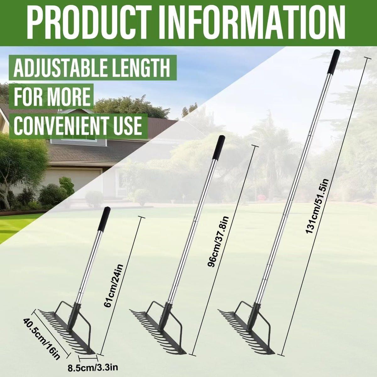 15 Inch Wide Bow Rake, 16 Steel Tines Metal Head Rake Tool with Stainless Steel Handle, Adjustable