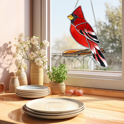 Red Cardinal Decor Stained Glass Bird Window Hanging Suncatcher for Window Decorations Ornament