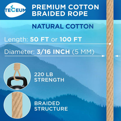 TECEUM Cotton Rope 3/16” (5 mm) – 50 FT – Strong All-Purpose Braided Rope – Natural Cotton – for