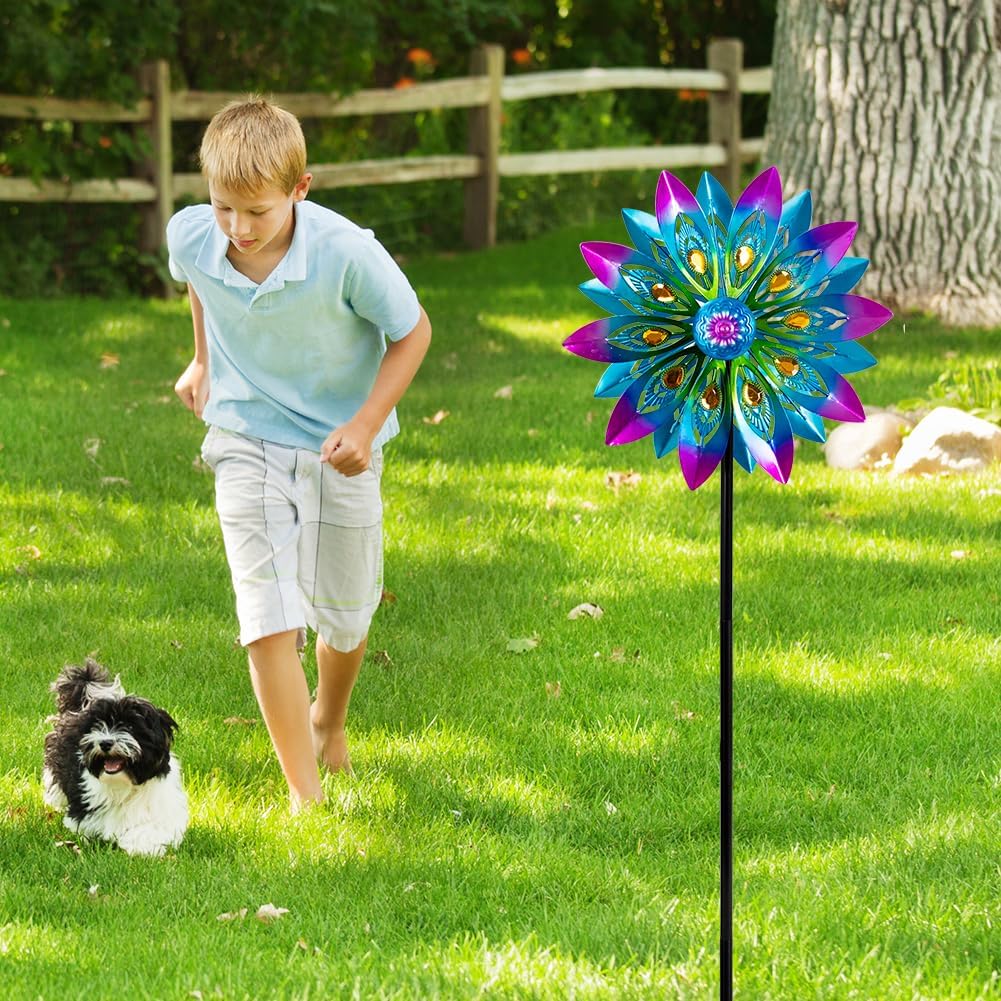 Metal Wind Spinner,13” Wind Spinners Outdoor,Peacock Windmill with Stake,Kinetic Wind Spinners for