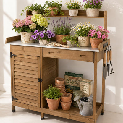 Potting Bench Table Work Bench with Storage Cabinet Outdoor Wooden Garden Workstation with Metal