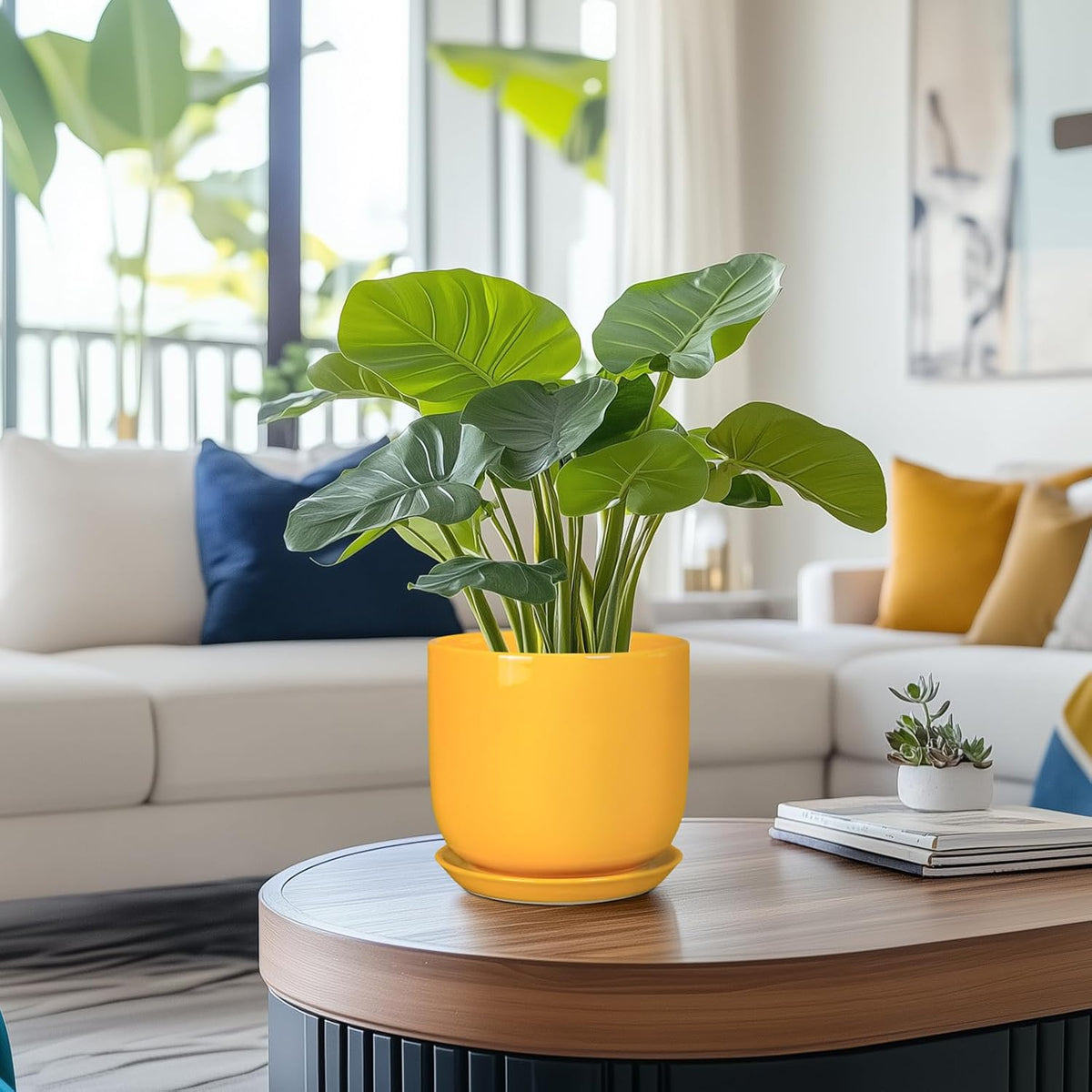 Indoor Plant Pot - 7 Inch Modern Round Ceramic Planter for Indoor Outdoor Plants with Drainage Hole