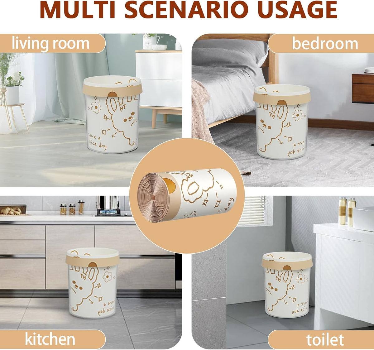 4 Gallon Trash Bags with Cute Rabbit Printed & Drawstring, Tear-Resistant Small Bathroom Garbage