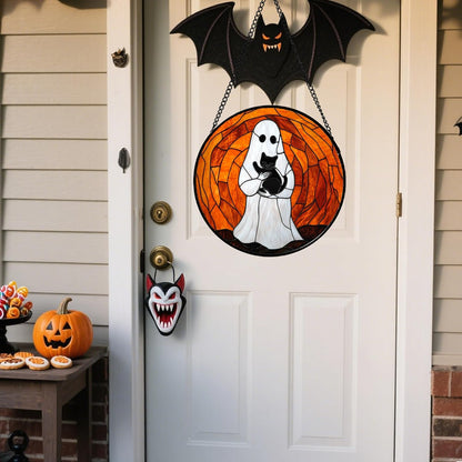 Stained Glass Window Hanging - Halloween Cute White Ghost Black Cat Suncatcher for Doors Garden