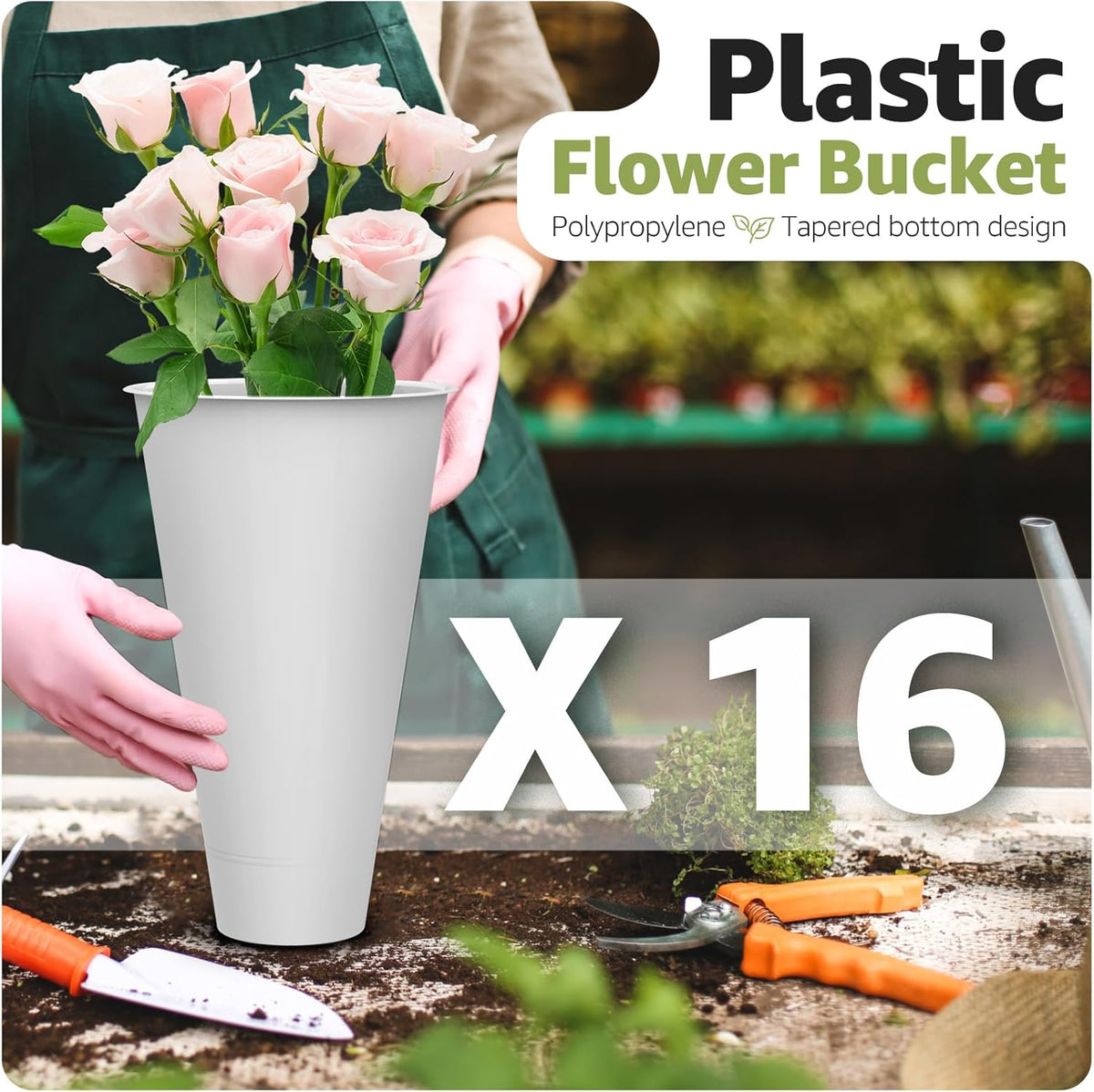 Flower Display Stand 4 Layers with 16 PCS Round Buckets, Plant Stand with Wheels, Movable Metal