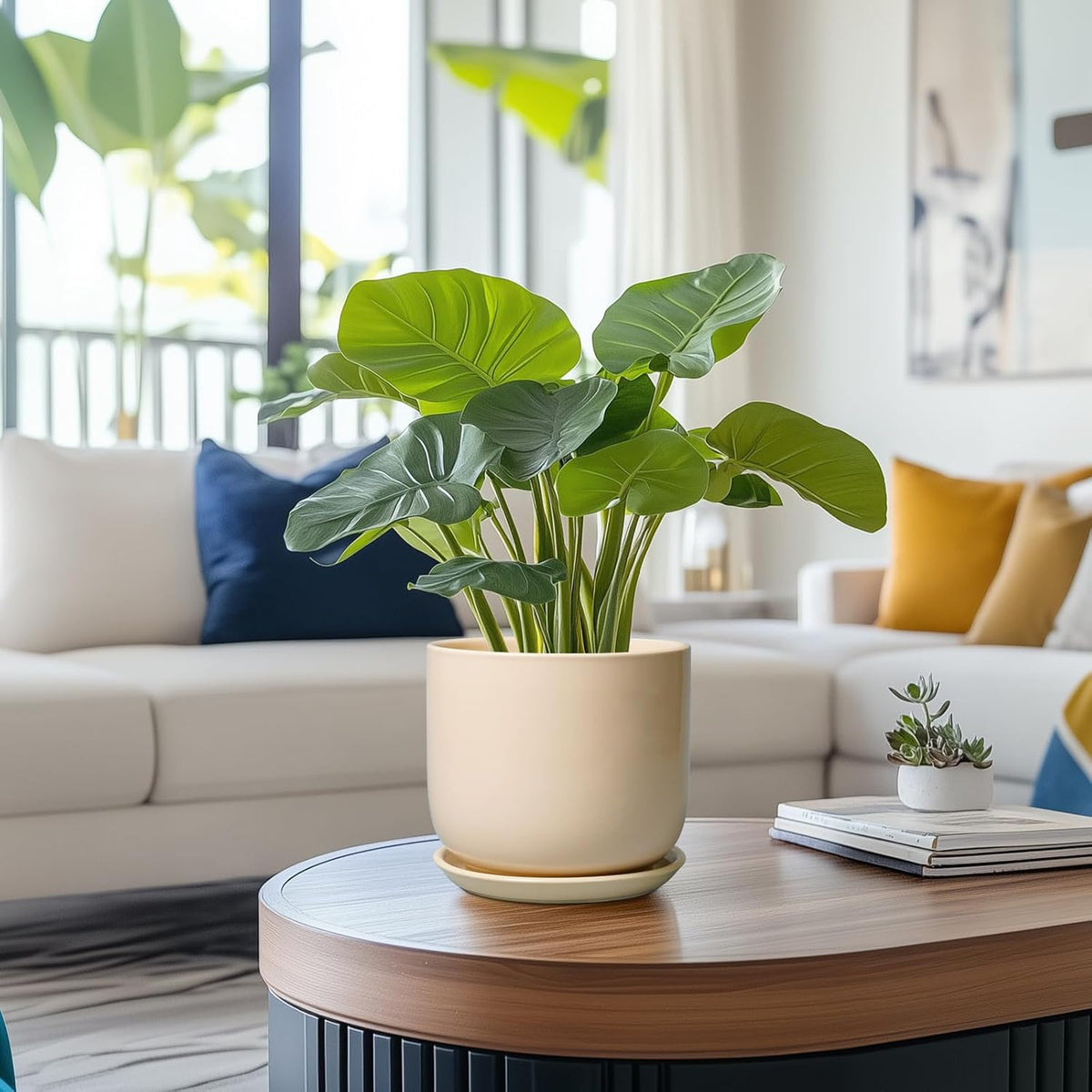 Ceramic Plant Pot - 7 Inch Mid Century Round Ceramic Planter for Indoor Plants with Drainage Hole