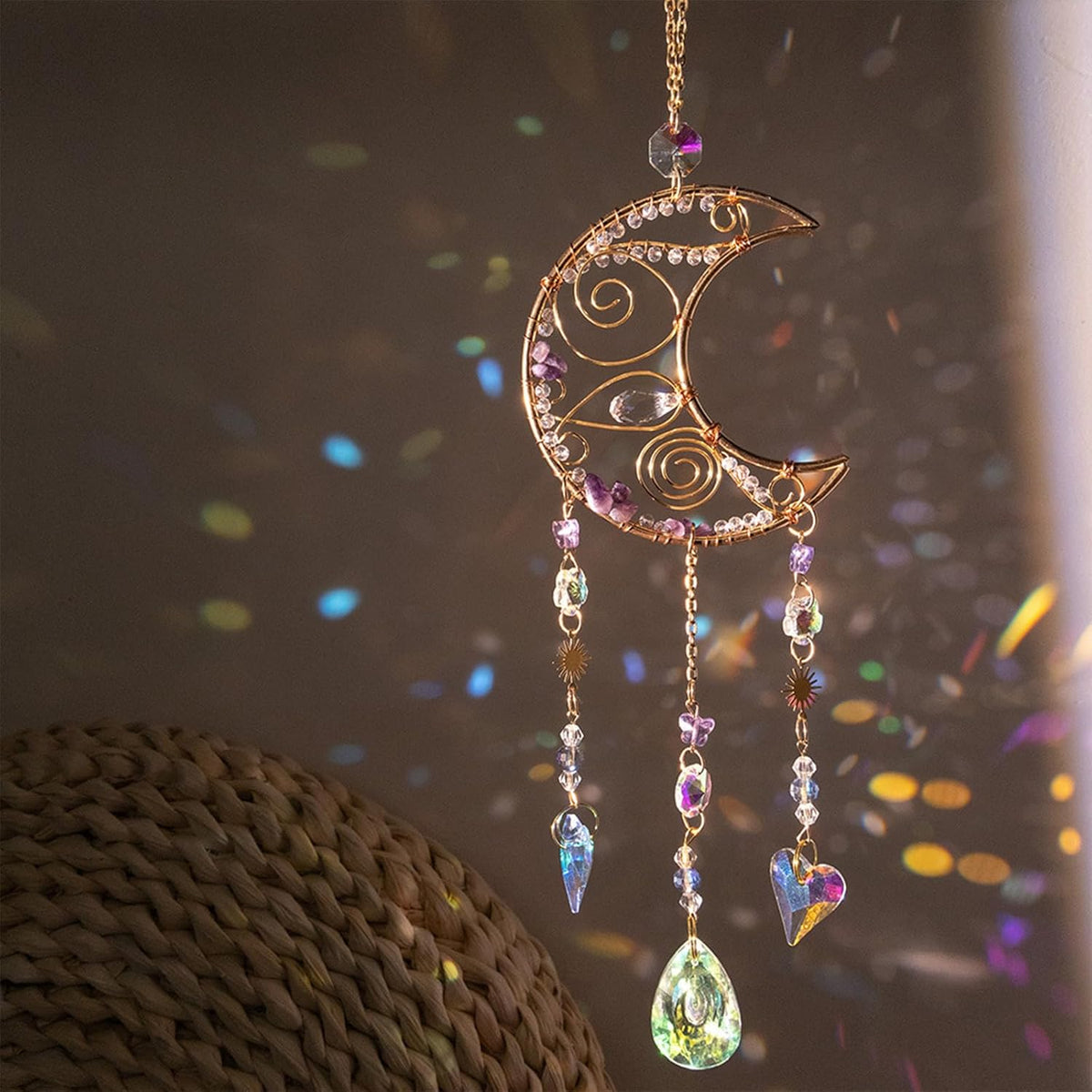 TUOKING Crystal Moon Suncatchers for Window Hanging Natural Healing Stones Wind Chimes Sun Catcher