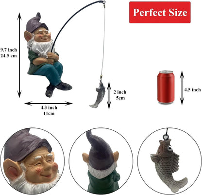 Garden Gnome Fishing Statue, 9.7" Koi Pond Decor with Glow in Dark Pebbles, Great Gift for Mom