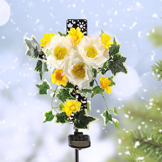 Starryfill Solar Cross Lights with Three Flowers, Solar Metal Stake with Led Warm White Lights