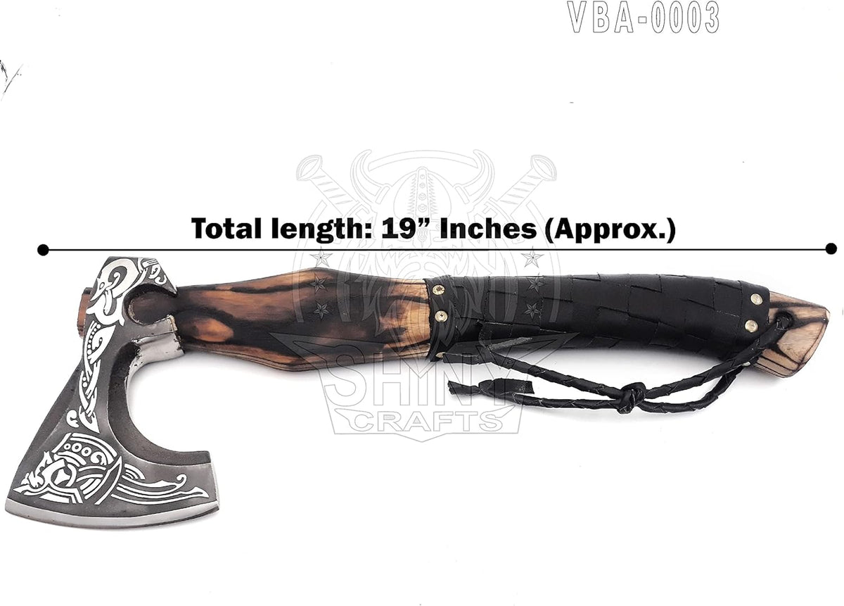 SHINY CRAFTS® Handcrafted Decorative Viking Axe with Leather-Wrapped Handle & Sheath – Engraved