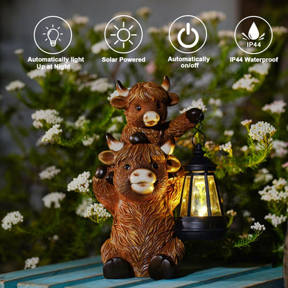Goodeco 9.5 Inch Highland Cattle with Solar Lantern – Resin Garden Decor, Outdoor Statue & Unique
