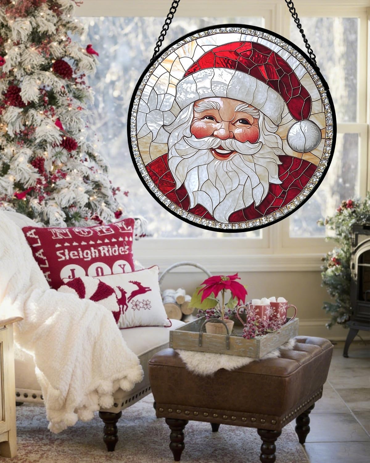 Stained Glass Window Hanging - Santa Claus with White Beard Suncatcher for Doors Home Christmas
