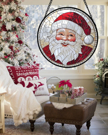 Stained Glass Window Hanging - Santa Claus with White Beard Suncatcher for Doors Home Christmas