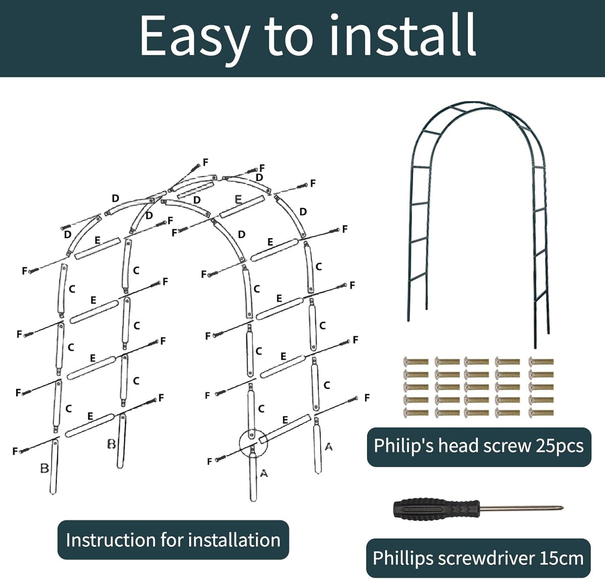 RUBFAC 94" Metal Garden Arch Trellis for Climbing Plants Outdoor, Garden Arbors and Arches