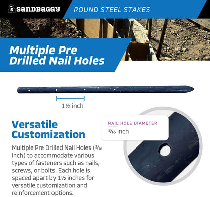 Sandbaggy Round Steel Concrete Form Stakes with Nail Holes - Rust Resistant Coating - Removable